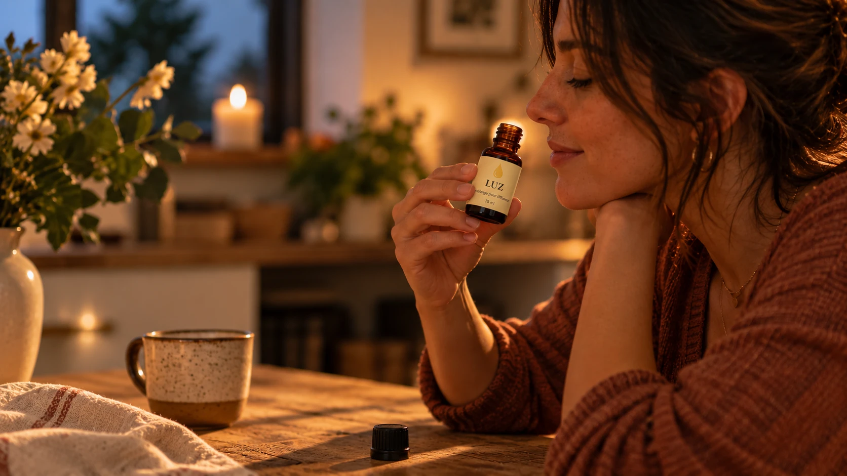 Une femme sent une bouteille RITU, le soir, dans sa cuisine
